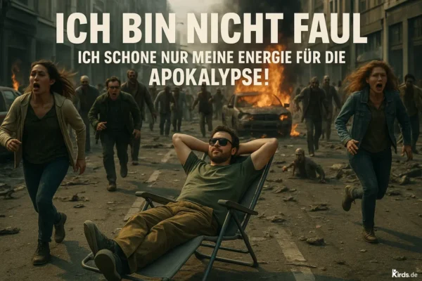 Dieses Spruch-Bild zeigt einen Mann, der vollkommen entspannt in einem Liegestuhl auf einer zerstörten Straße liegt – umgeben von Panik, rennenden Menschen, Zombies und brennenden Autos. Während Chaos und Weltuntergang um ihn herum toben, wirkt er ruhig und unbeteiligt, mit Sonnenbrille und hinter dem Kopf verschränkten Armen – eine starke visuelle Metapher für Gelassenheit im totalen Ausnahmezustand.