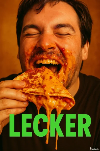 Ein Mann mit geschlossenen Augen beißt genussvoll in eine überquellende, mit Käse gefüllte Quesadilla. Sein Gesicht ist dabei mit geschmolzenem Käse und Sauce verschmiert, was das Bild humorvoll und lebensnah wirken lässt. Der Ausdruck des völligen Genusses steht im Kontrast zur Unordnung seines Gesichts – eine visuelle Hommage an unkontrollierten Essensspaß
