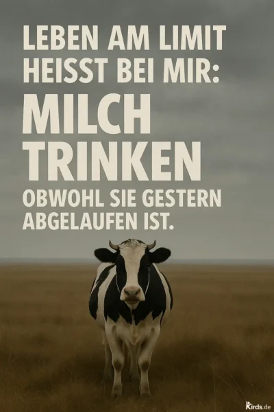 Dieses Spruch-Bild spielt humorvoll mit dem Thema „Mut im Alltag“: Eine schwarz-weiße Kuh steht zentral im Bild auf einer weiten Wiese unter grauem Himmel. Darüber steht der ironisch-witzige Spruch in klarer, großer Schrift. Die Kuh symbolisiert die Quelle der Milch, während das gesamte Setting eine ruhige, fast ernste Kulisse bildet – ein spannender Kontrast zur humorvollen Aussage.