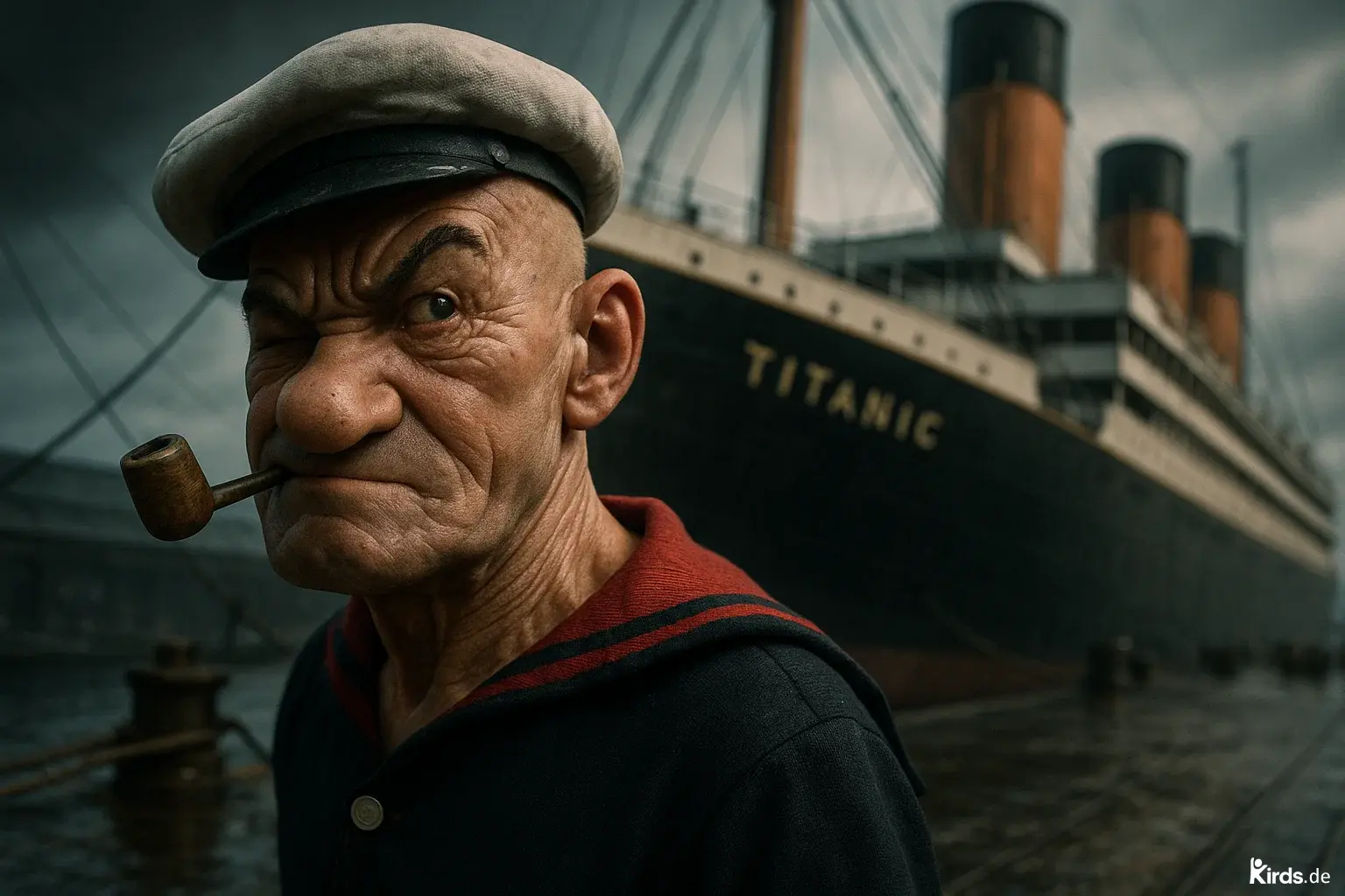 Dieses Spruch-Bild ist skurril und humorvoll: Ein alter, grimmig schauender Matrose mit Pfeife und weißer Mütze steht vor der Titanic. Sein Gesicht erinnert stark an Popeye. Die Szene wirkt dramatisch durch das dunkle Licht und die bedrohlich wirkenden Schiffsschornsteine – eine perfekte visuelle Kulisse für einen sarkastischen Spruch über den Untergang.