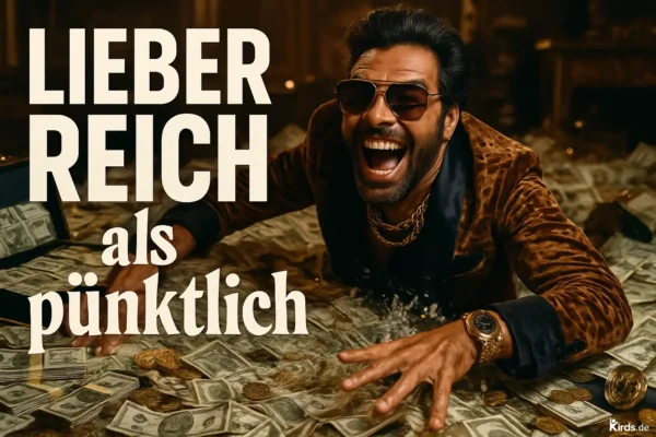 Dieses Spruch-Bild ist auffällig und provokant: Ein gut gekleideter Mann in auffälligem Samtanzug liegt in einem Haufen von Geldscheinen und Goldmünzen, lacht breit und trägt eine Luxusuhr und goldene Ketten – eine übertriebene Darstellung von Reichtum und Selbstsicherheit.