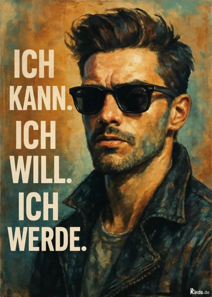 Dieses Spruch-Bild zeigt ein eindrucksvolles Porträt eines selbstbewussten Mannes mit Sonnenbrille und Lederjacke. Sein ernster Blick und die starke Körperhaltung unterstreichen die kraftvolle Botschaft des Spruchs. Die stilisierte, leicht malerische Darstellung verleiht dem Bild eine künstlerische Tiefe und hebt den Ausdruck von Entschlossenheit und Stärke hervor.