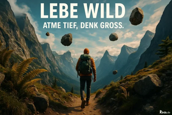 Dieses Spruch-Bild zeigt einen Wanderer, der sich auf einem unberührten, weiten Bergpfad befindet. Der Mann in der orangefarbenen Jacke und Rucksack blickt in die majestätische Berglandschaft, umgeben von schwebenden Felsen. Es symbolisiert das Streben nach Freiheit, Abenteuern und großem Denken in einer weiten, offenen Natur.