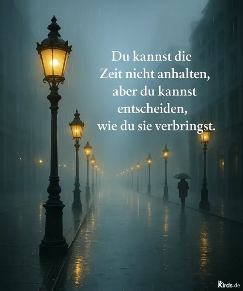 Dieses Spruch-Bild zeigt eine regennasse Straße bei Nacht, flankiert von einer Reihe alter Straßenlaternen. Im Nebel ist eine einzelne Person mit Regenschirm zu sehen, die auf dem Gehweg entlanggeht. Die Stimmung ist ruhig, melancholisch und tief reflektierend – eine perfekte visuelle Metapher für den Spruch über Zeit und Entscheidungen.