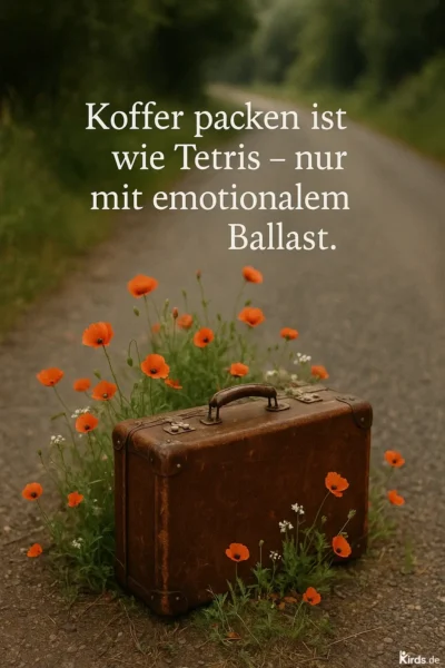 Dieses Spruch-Bild ist atmosphärisch und symbolträchtig: Ein alter brauner Lederkoffer steht am Rand einer Landstraße, eingebettet in ein Feld leuchtender Mohnblumen. Die Szenerie wirkt ruhig, fast nostalgisch – als ob jemand gerade seine Reise unterbrochen oder abgeschlossen hat. Die Kombination aus Natur und Gepäckstück schafft eine starke emotionale Symbolik für Aufbruch, Abschied und emotionalen Ballast.