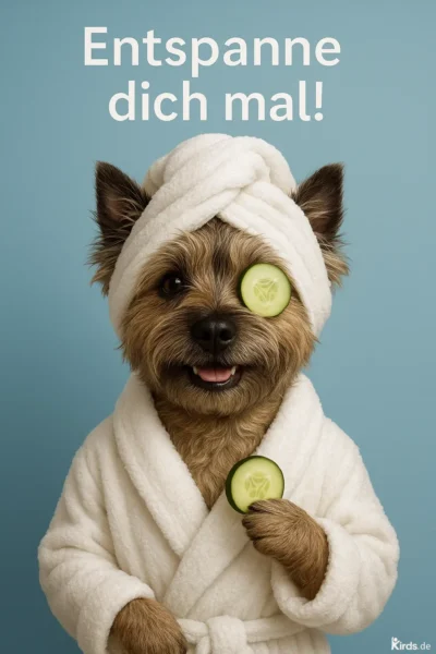 Dieses Spruch-Bild ist herrlich humorvoll und liebevoll inszeniert: Ein kleiner Hund trägt einen flauschigen weißen Bademantel und hat eine weiße Wellness-Turbanhaube auf dem Kopf. Auf einem Auge liegt eine Gurkenscheibe, die andere hält er in der Pfote. Er blickt fröhlich in die Kamera – eine spaßige und charmante Darstellung von Entspannung und Selbstfürsorge.