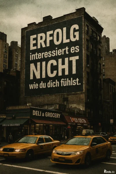 Dieses Spruch-Bild zeigt eine düstere Großstadtkulisse mit einem alten Gebäude, auf dessen Fassade in riesigen Buchstaben der Spruch „ERFOLG interessiert es NICHT wie du dich fühlst.“ steht. Darunter befinden sich klassische New Yorker Deli-Geschäfte und mehrere gelbe Taxis fahren auf der Straße. Die Atmosphäre wirkt ernst, urban und druckvoll – passend zur kompromisslosen Aussage des Spruchs.
