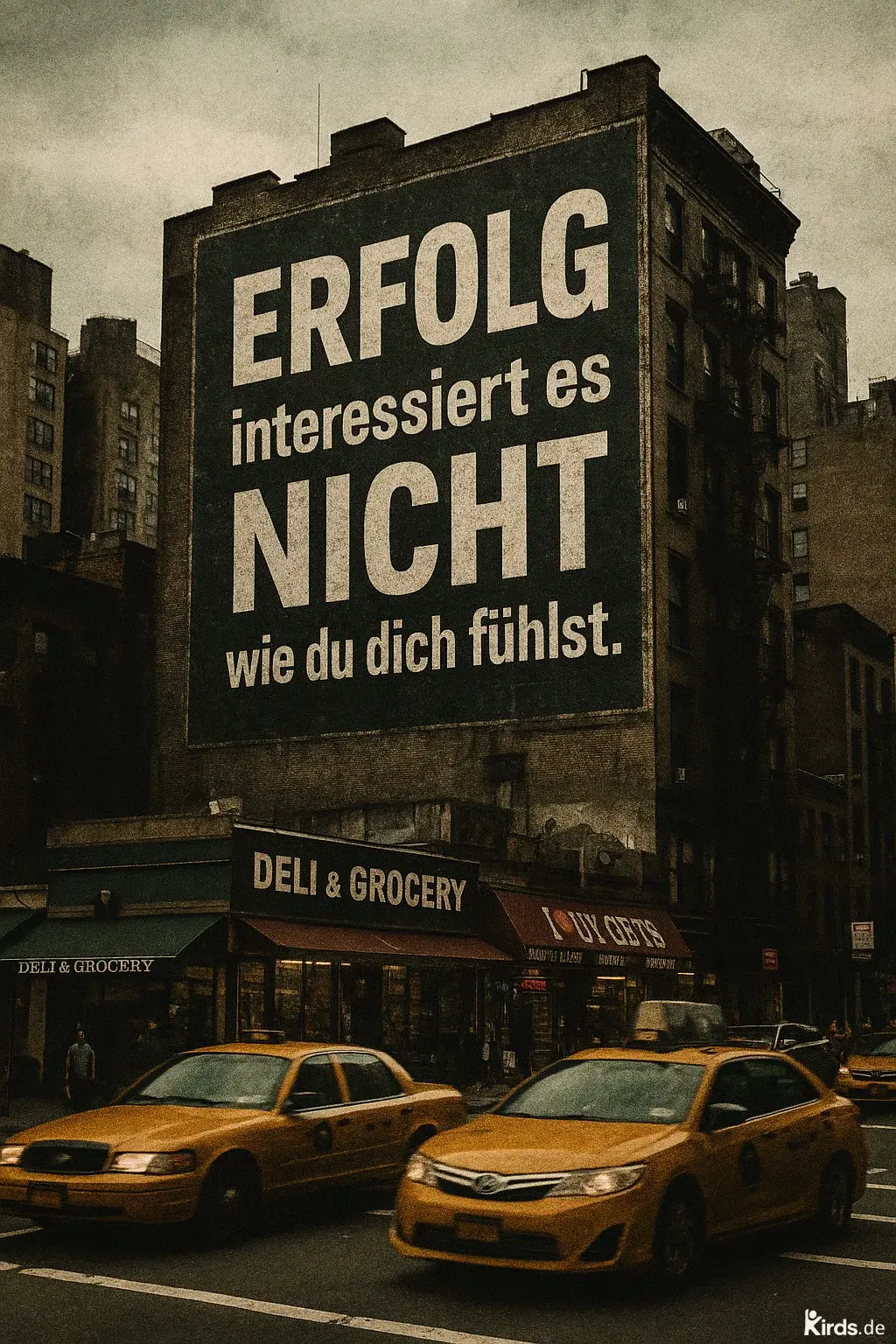 Dieses Spruch-Bild zeigt eine düstere Großstadtkulisse mit einem alten Gebäude, auf dessen Fassade in riesigen Buchstaben der Spruch „ERFOLG interessiert es NICHT wie du dich fühlst.“ steht. Darunter befinden sich klassische New Yorker Deli-Geschäfte und mehrere gelbe Taxis fahren auf der Straße. Die Atmosphäre wirkt ernst, urban und druckvoll – passend zur kompromisslosen Aussage des Spruchs.