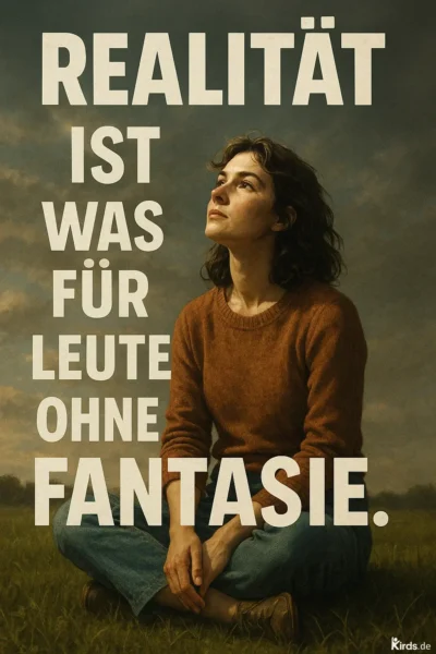 Dieses Spruch-Bild zeigt eine nachdenkliche Frau, die auf einer Wiese sitzt und verträumt in den Himmel blickt. Ihre entspannte Haltung, der warme Pullover und das weiche Licht vermitteln eine ruhige, fast meditative Stimmung. Die Szene wirkt introspektiv – als würde sie ihren Gedanken und Fantasien nachhängen.