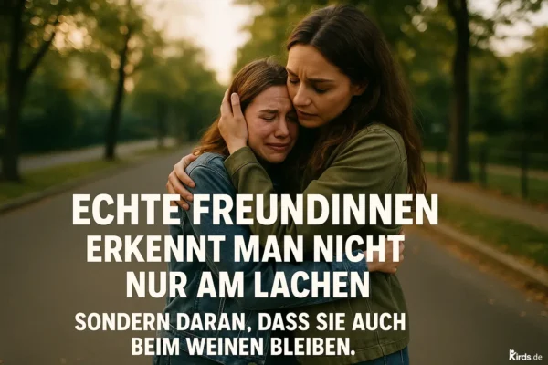 Dieses Spruch-Bild zeigt eine tief emotionale Szene: Zwei junge Frauen stehen auf einer baumbestandenen Straße, eng umarmt. Eine weint, während die andere sie tröstend hält. Die Körpersprache und Gesichtsausdrücke spiegeln tiefe Anteilnahme, Trost und die Stärke echter Freundschaft wider.