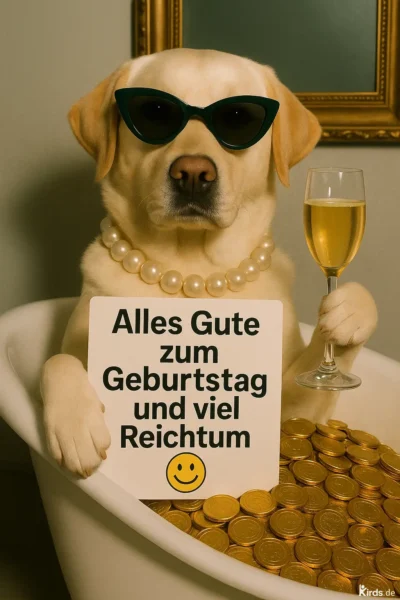 Dieses Spruch-Bild ist humorvoll und visuell auffällig: Ein Labrador trägt eine Sonnenbrille und eine Perlenkette, sitzt in einer Badewanne voller goldener Münzen und hält ein Glas Champagner. Das Tier wirkt dabei stilvoll und entspannt, während es ein Schild mit dem Spruch „Alles Gute zum Geburtstag und viel Reichtum“ hält – ein skurriler und witziger Geburtstagsgruß mit Luxus-Charakter.