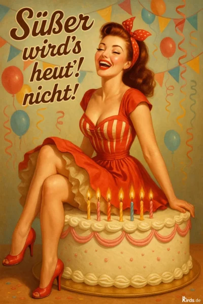 Dieses Spruch-Bild ist ein charmanter Augenschmaus im Retro-Stil: Eine fröhlich lachende Frau im rot-weiß gestreiften Pin-up-Kleid sitzt auf einer großen Geburtstagstorte mit brennenden Kerzen. Um sie herum hängen bunte Luftballons und Girlanden. Die Komposition strahlt Lebensfreude, Nostalgie und Humor aus – ein perfekter Mix für einen unvergesslichen Geburtstag.
