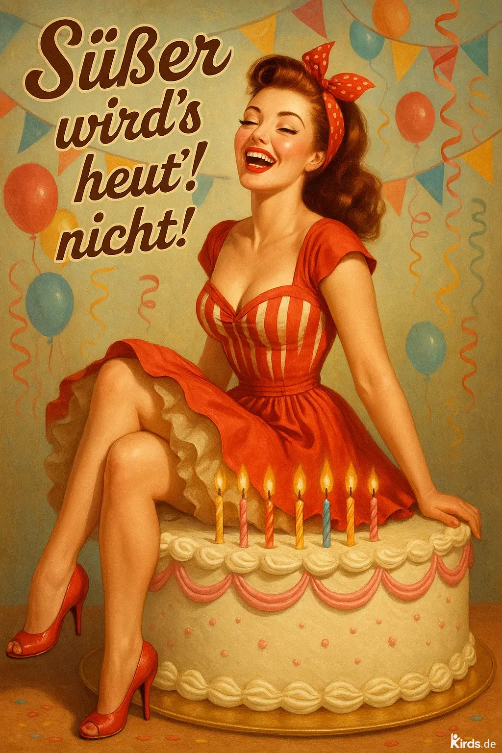 Dieses Spruch-Bild ist ein charmanter Augenschmaus im Retro-Stil: Eine fröhlich lachende Frau im rot-weiß gestreiften Pin-up-Kleid sitzt auf einer großen Geburtstagstorte mit brennenden Kerzen. Um sie herum hängen bunte Luftballons und Girlanden. Die Komposition strahlt Lebensfreude, Nostalgie und Humor aus – ein perfekter Mix für einen unvergesslichen Geburtstag.