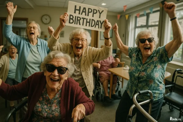 Dieses Spruch-Bild zeigt eine lebhafte und fröhliche Szene aus einem Altersheim: Mehrere ältere Frauen – einige mit Rollator – lachen herzlich, tragen Sonnenbrillen und halten ein „Happy Birthday“-Schild hoch. Ihre ausgelassene Stimmung und Gestik vermitteln pure Lebensfreude und Gemeinschaftssinn.
