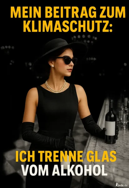 Dieses Spruch-Bild zeigt eine elegante Frau im Stil der 50er oder 60er Jahre: schwarzes, ärmelloses Kleid, lange schwarze Handschuhe, Perlenkette und große Sonnenbrille. Sie steht an einer Bar, hält eine Weinflasche in der Hand und blickt stilvoll zur Seite. Das Bild ist überwiegend in Schwarzweiß gehalten, nur die Frau ist farbig hervorgehoben – was ihren edlen Look und die Ironie des Spruchs besonders unterstreicht.