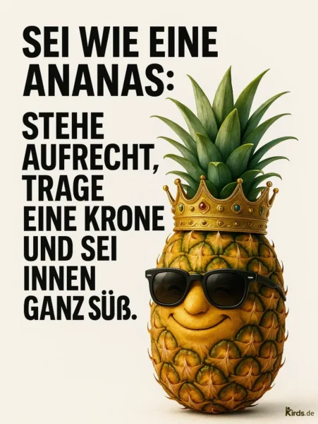 Dieses Spruch-Bild ist kreativ und humorvoll gestaltet: Eine lächelnde Ananas trägt eine goldene Krone und eine Sonnenbrille, was ihr ein selbstbewusstes, fast königliches Auftreten verleiht. Die Mimik wirkt freundlich und stolz – eine perfekte visuelle Metapher für die Botschaft des Spruchs.