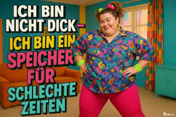 Dieses Spruch-Bild ist ein farbenfrohes Statement voller Selbstbewusstsein: Eine lachende Frau im Retro-Outfit mit bunter Musterbluse und pinker Hose steht selbstsicher vor einer knallbunten Kulisse. Ihr Outfit, ihre Pose und ihr Blick strahlen Humor, Lebensfreude und Selbstakzeptanz aus – eine visuelle Einladung, sich selbst nicht zu ernst zu nehmen und das Leben bunt zu feiern.