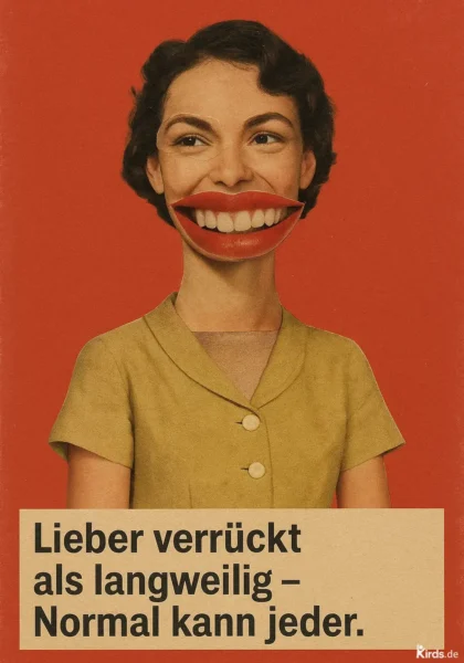 Dieses Spruch-Bild zeigt eine stilisierte Frau im Retro-Look mit einem überdimensionalen, künstlich eingefügten Lächeln. Die Collage ist surreal und provokant – das große, übertriebene Lächeln symbolisiert dabei wahrscheinlich das „Verrücktsein“ oder den bewussten Bruch mit Normen. Die rote Hintergrundfarbe verstärkt den auffälligen, rebellischen Charakter des Bildes.