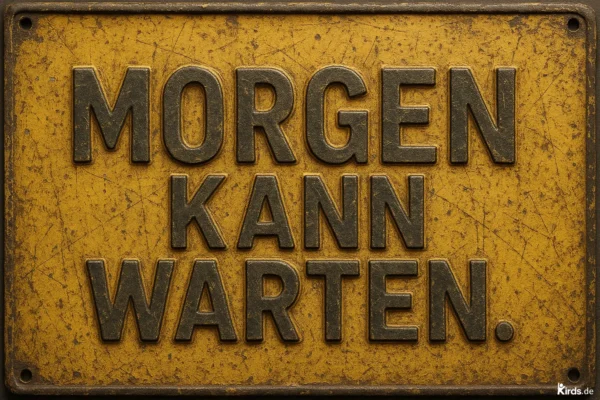 Dieses Spruch-Bild zeigt ein rechteckiges Metallschild mit verwittertem Vintage-Look in einem kräftigen Gelbton. Die erhabene Schrift in dunklem Metall hebt sich deutlich vom Hintergrund ab und trägt den prägnanten Spruch „Morgen kann warten.“ – ein dekoratives und zugleich motivierendes Element mit retroindustriellem Flair.