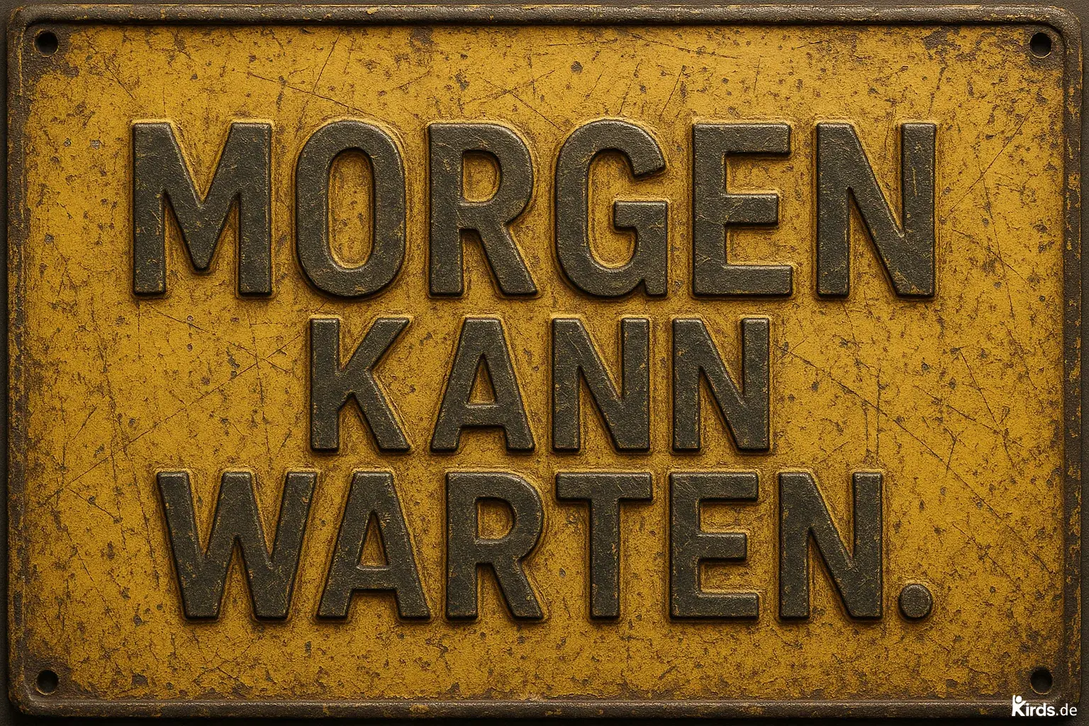 Dieses Spruch-Bild zeigt ein rechteckiges Metallschild mit verwittertem Vintage-Look in einem kräftigen Gelbton. Die erhabene Schrift in dunklem Metall hebt sich deutlich vom Hintergrund ab und trägt den prägnanten Spruch „Morgen kann warten.“ – ein dekoratives und zugleich motivierendes Element mit retroindustriellem Flair.