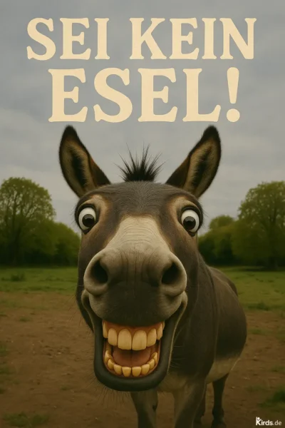 Dieses Spruch-Bild ist humorvoll und einprägsam: Ein Esel mit überzeichnet großen Zähnen und weit aufgerissenen Augen blickt direkt in die Kamera. Seine ausdrucksstarke Grimasse steht im starken Kontrast zur ruhigen Natur im Hintergrund – eine klare visuelle Metapher für Übertreibung, Witz und den augenzwinkernden Appell, sich nicht „wie ein Esel“ zu verhalten.