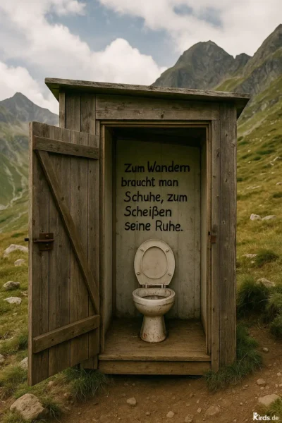 Dieses Spruch-Bild zeigt eine rustikale Holzhütte mitten in der alpinen Berglandschaft. Im Zentrum steht eine einfache Toilette mit offenem Deckel. Die Hütte ist alt, wettergegerbt und offen, was einen freien Blick ins Innere erlaubt. Auf der Rückwand steht in schwarzer Schrift der humorvolle Spruch. Die Umgebung ist grün und felsig, typisch für eine alpine Wanderroute. Das Bild vermittelt auf humorvolle Weise die Verbindung zwischen Natur, menschlichen Bedürfnissen und dem Wunsch nach Ruhe.