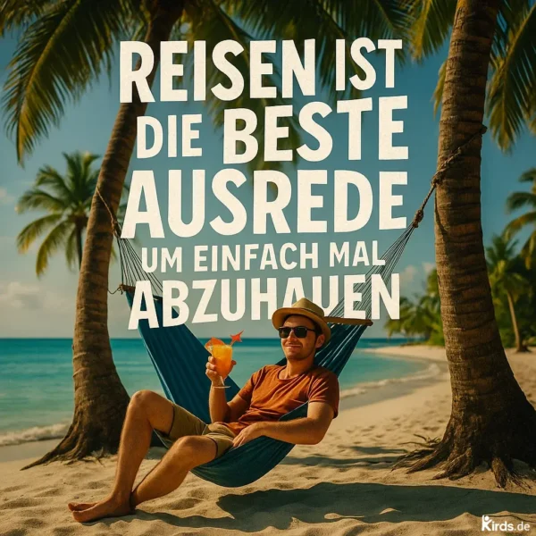 Dieses Spruch-Bild weckt sofort Fernweh: Ein entspannter Mann liegt in einer Hängematte zwischen zwei Palmen, mit einem Cocktail in der Hand. Die tropische Szenerie mit weißem Sandstrand, türkisfarbenem Meer und sonnigem Wetter symbolisiert Freiheit, Erholung und die Sehnsucht, dem Alltag zu entfliehen.